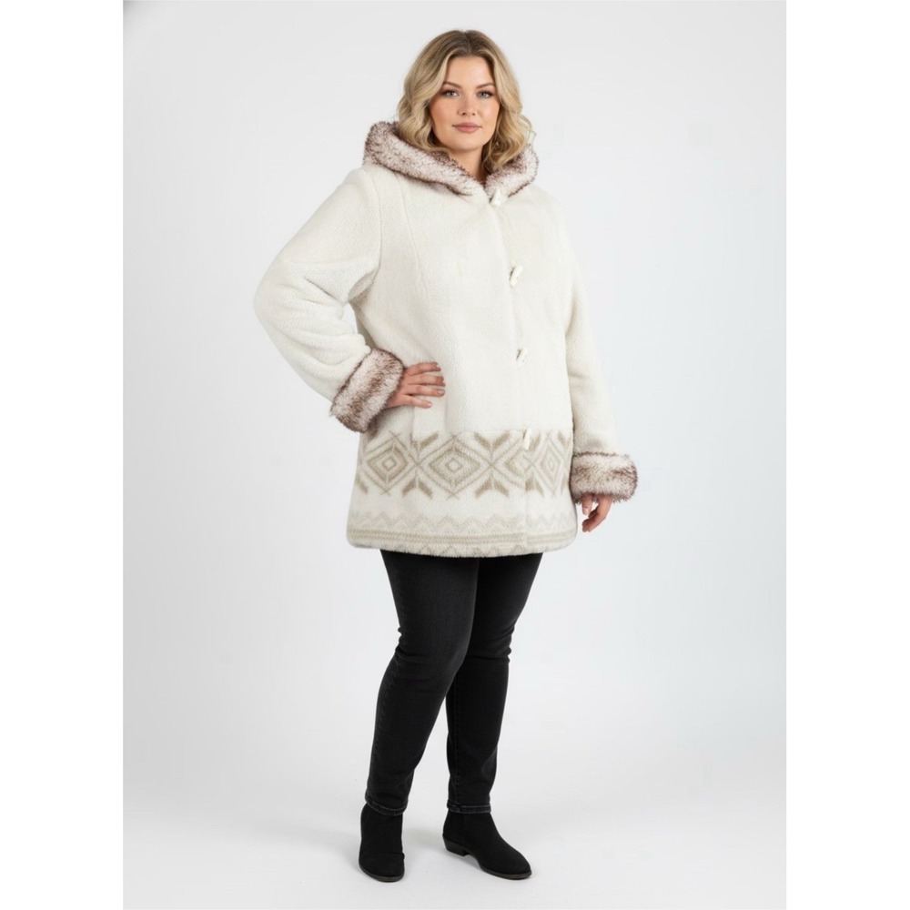 Vtg Marlo White Faux Fur Coat Women‎ 1X Off White Hooded Pennylane Winter Retro